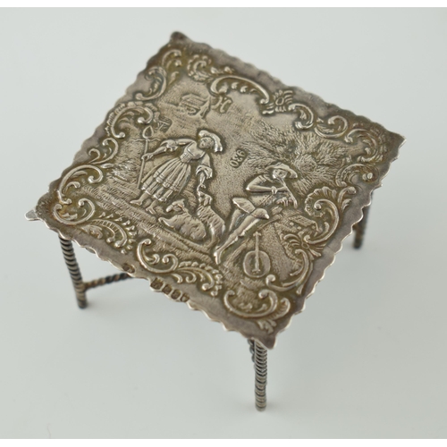 263 - Dutch silver miniature table with turned-stretchers, ornate decoration, import marks, London 1900, 2... 