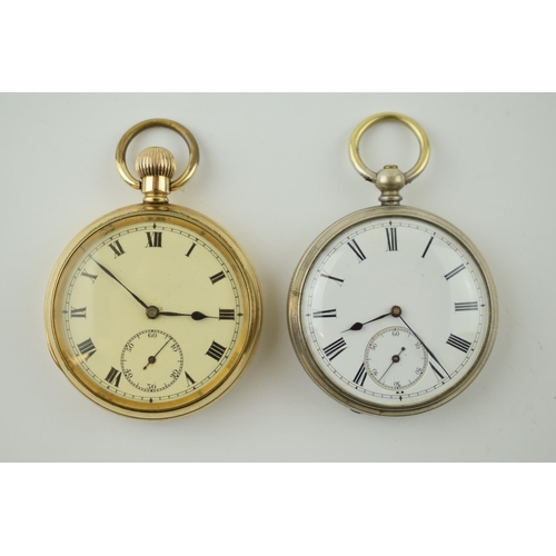 274 - A pair of pocket watches, to include a silver key-wind example, with a gold plated top-wind example,... 