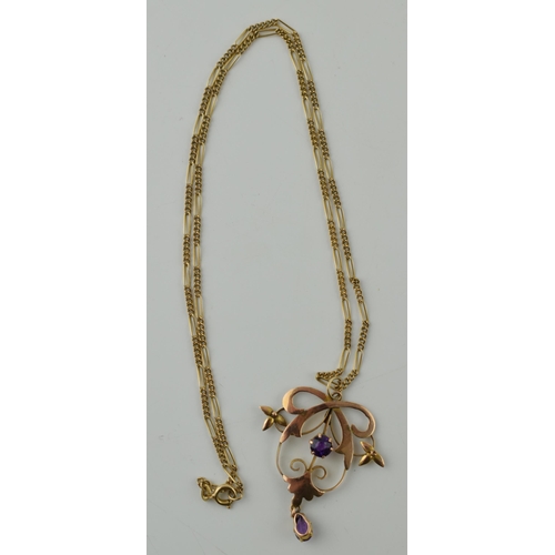 283 - Edwardian 9ct gold pendant and chain, set amethysts, 4.2 grams.