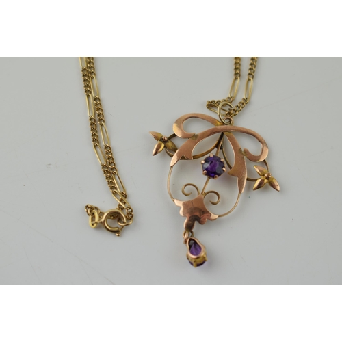 283 - Edwardian 9ct gold pendant and chain, set amethysts, 4.2 grams.