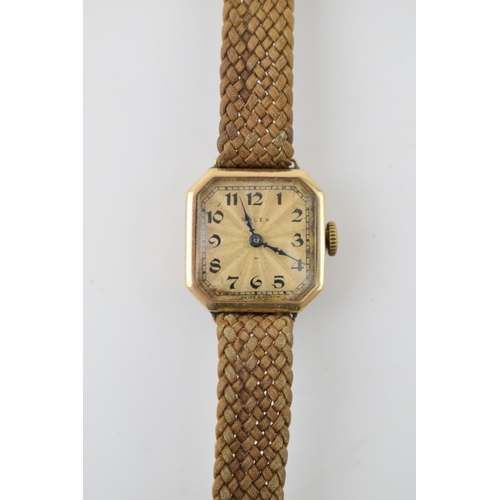 308 - Rolex 9ct gold cased ladies wristwatch on woven fabric strap, circa 1920s / 1930s, sunburst dial, 21... 