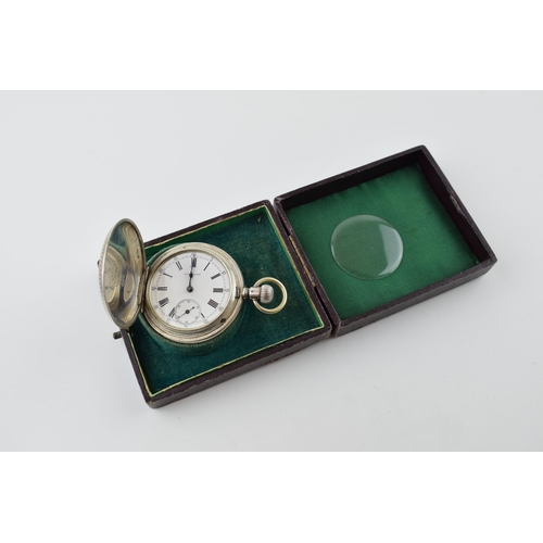 319 - Longines silver full hunter pocket watch marked .800 to inner case. White ceramic dial with Roman nu... 