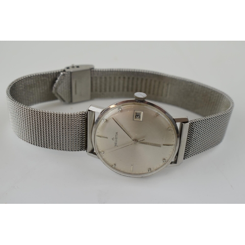 337 - Helvetia gents manual wristwatch, silvered dial, baton markers, working order, date example, 36mm.