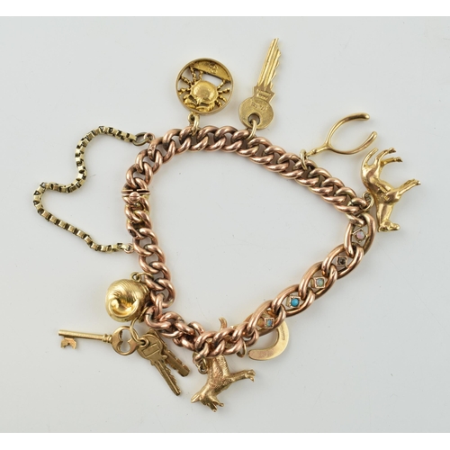 349 - 9ct rose gold charm bracelet set with opals, turquoise & pearls, and containing 8 x 9ct charms.  Wei... 