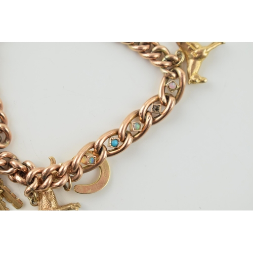 349 - 9ct rose gold charm bracelet set with opals, turquoise & pearls, and containing 8 x 9ct charms.  Wei... 