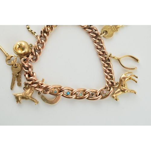 349 - 9ct rose gold charm bracelet set with opals, turquoise & pearls, and containing 8 x 9ct charms.  Wei... 