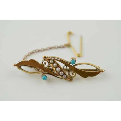 359 - 15ct gold brooch set with turquoise & seed pearls, weight 3.5g.