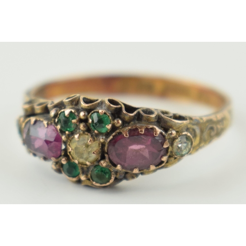 360 - Antique 15ct gold ring set amethysts and paste stones, 2.0 grams, hallmarked, size P/Q.