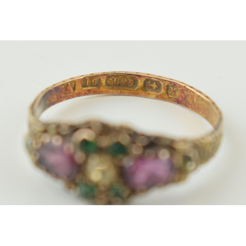 360 - Antique 15ct gold ring set amethysts and paste stones, 2.0 grams, hallmarked, size P/Q.