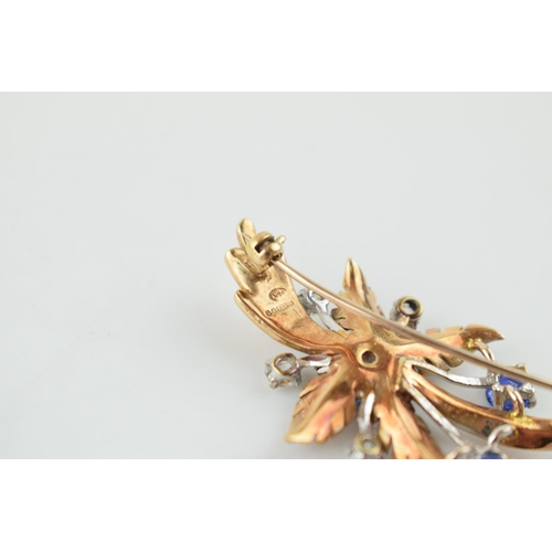 367 - A 9ct yellow gold floral spray brooch, claw set four old-cut diamonds and three round-cut sapphores ... 