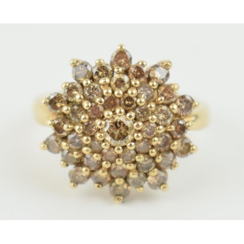 373 - 9ct gold diamond cluster ring, claw set champagne round-brilliant cut diamonds, stamped '9ct' and '1... 