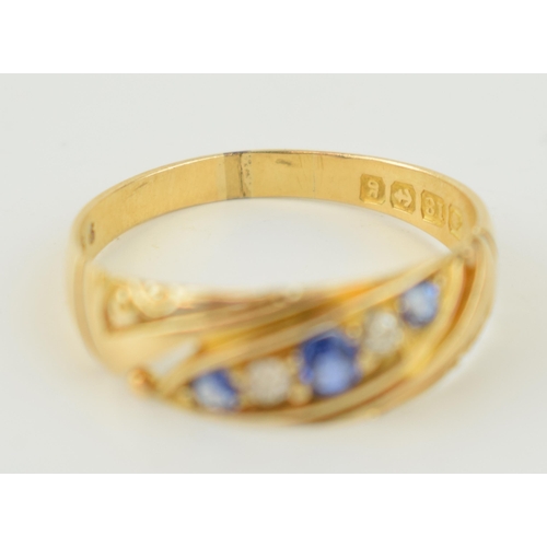 398 - 18ct yellow gold ring, set sapphires and diamonds, 2.9 grams, size R/S, Birm 1906.