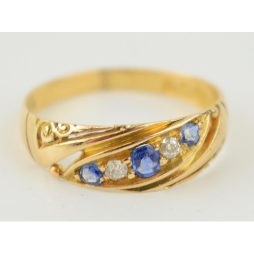 398 - 18ct yellow gold ring, set sapphires and diamonds, 2.9 grams, size R/S, Birm 1906.