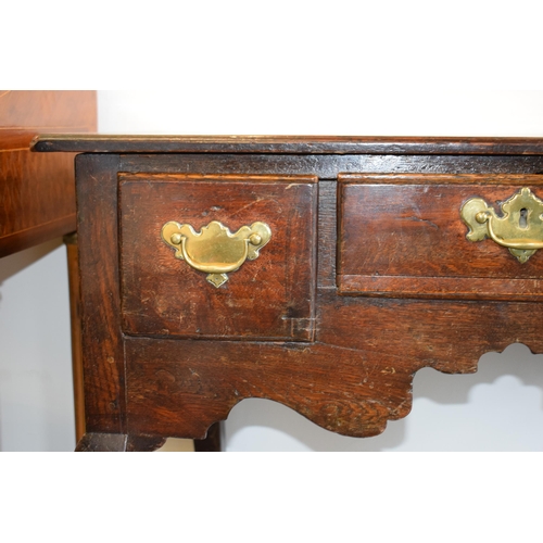 79 - 18th century oak lowboy, cabriole legs, oversailing top, with 3 drawers, quartered top, 89x55x77cm t... 