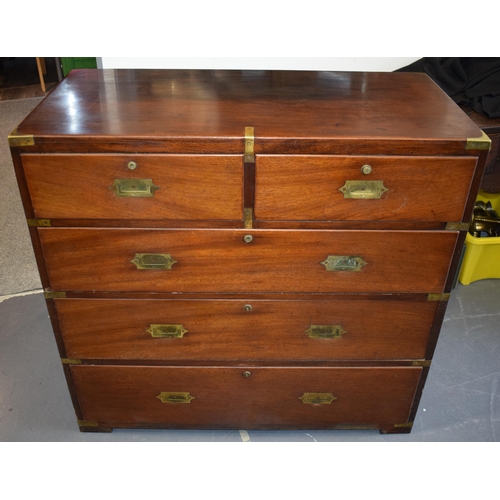 82 - A brass-bound mahogany two-part campaign chest, mid-19th century, fitted with two short and three lo... 