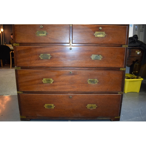 82 - A brass-bound mahogany two-part campaign chest, mid-19th century, fitted with two short and three lo... 