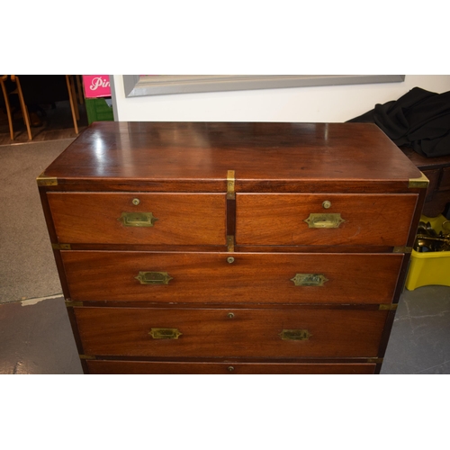 82 - A brass-bound mahogany two-part campaign chest, mid-19th century, fitted with two short and three lo... 