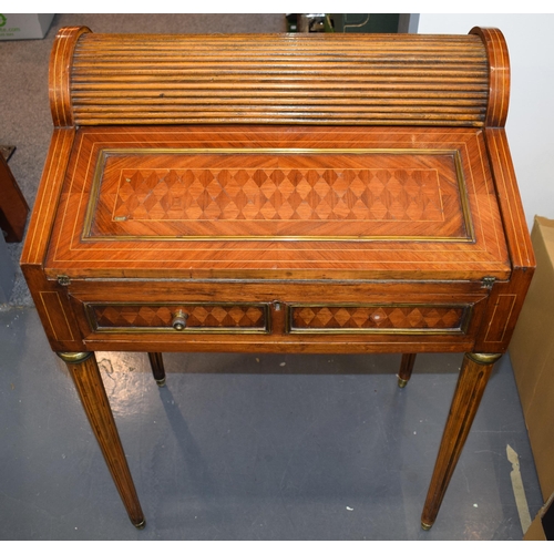 83 - French walnut tambour drop-front writing desk with single drawer, brass fixtures, 65x43x95cm tall.