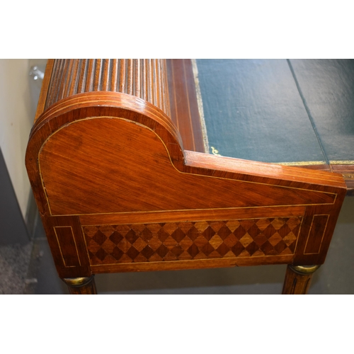 83 - French walnut tambour drop-front writing desk with single drawer, brass fixtures, 65x43x95cm tall.