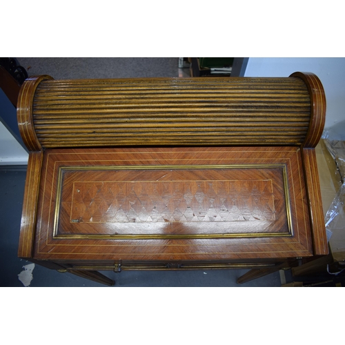 83 - French walnut tambour drop-front writing desk with single drawer, brass fixtures, 65x43x95cm tall.