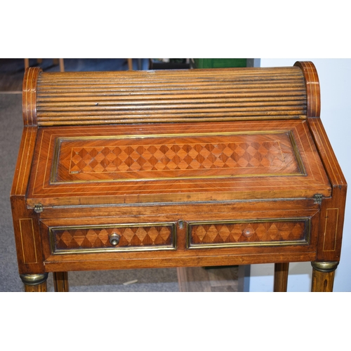 83 - French walnut tambour drop-front writing desk with single drawer, brass fixtures, 65x43x95cm tall.