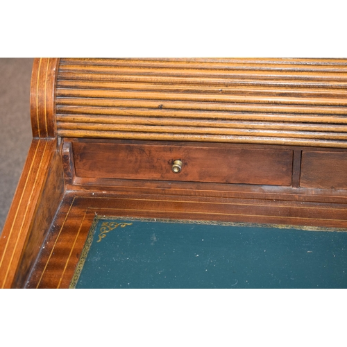 83 - French walnut tambour drop-front writing desk with single drawer, brass fixtures, 65x43x95cm tall.