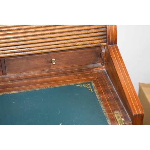 83 - French walnut tambour drop-front writing desk with single drawer, brass fixtures, 65x43x95cm tall.