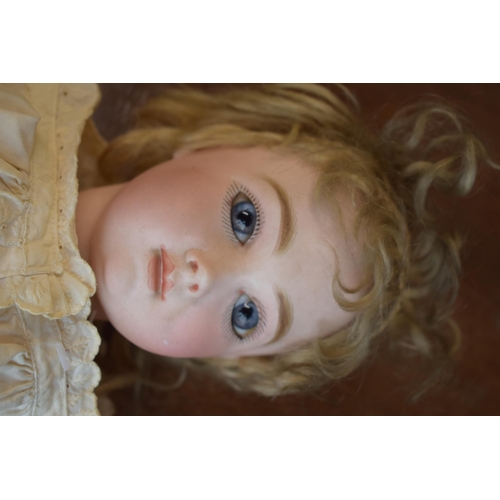 154 - Bisque head antique doll, possibly Bru or Jumeau, no markings apparent. Blue glass eyes with composi... 