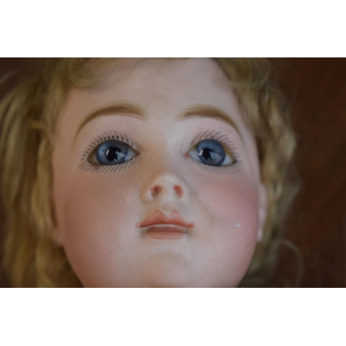 154 - Bisque head antique doll, possibly Bru or Jumeau, no markings apparent. Blue glass eyes with composi... 