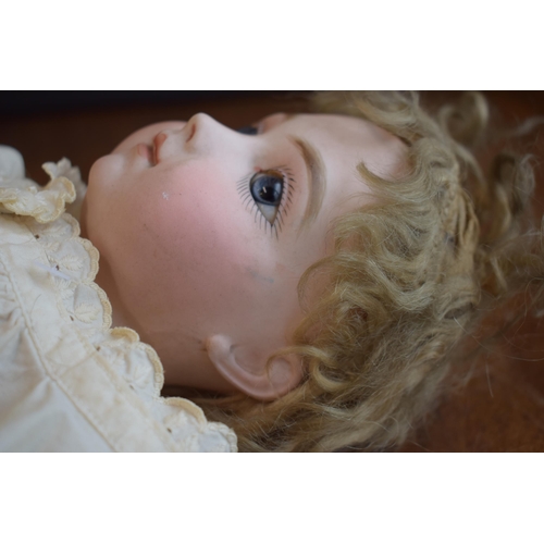 154 - Bisque head antique doll, possibly Bru or Jumeau, no markings apparent. Blue glass eyes with composi... 