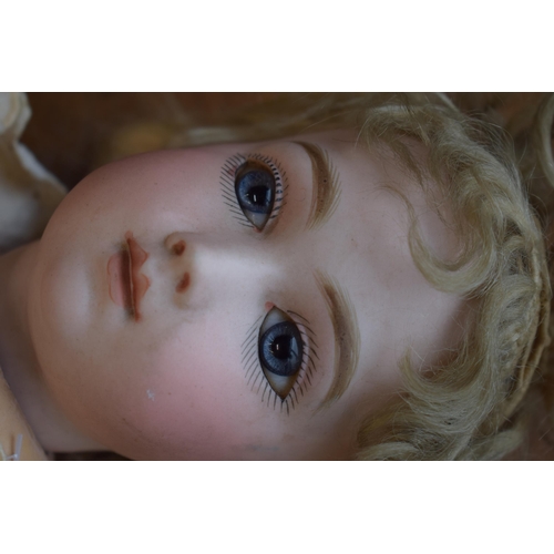 154 - Bisque head antique doll, possibly Bru or Jumeau, no markings apparent. Blue glass eyes with composi... 