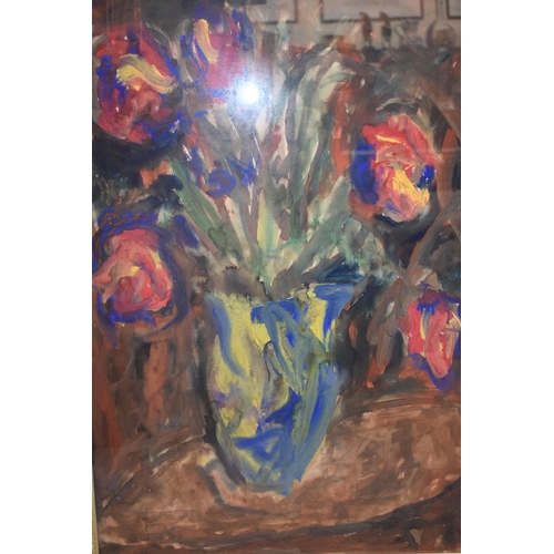 218 - Original watercolour. Unknown French artist. Still life of flowers in a vase in an impressionist sty... 