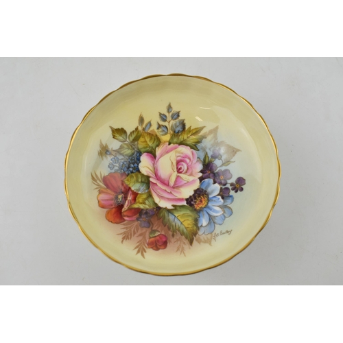 2 - Aynsley Bone China hand-painted floral design on yellow ground with gilding to rim by J.A Bailey. Di... 