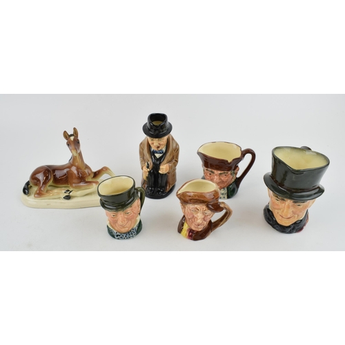 64 - Royal Doulton to include Sir Winston Churchill Toby jug, miniature character jugs to include Micawbe... 