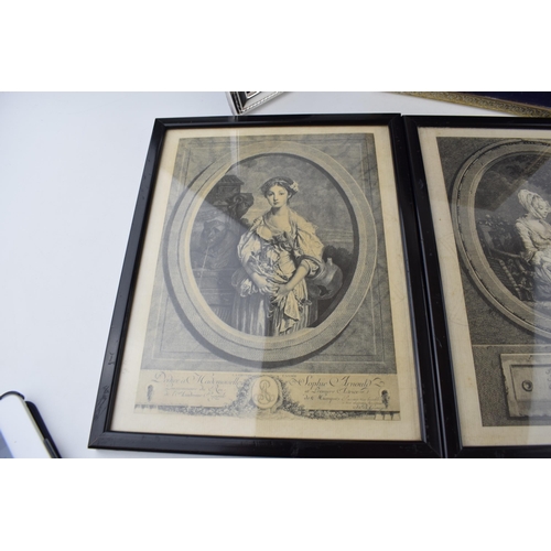 231 - A pair of silver plated photo frames, tallest 26cm tall, with a pair of French fashion prints / engr... 