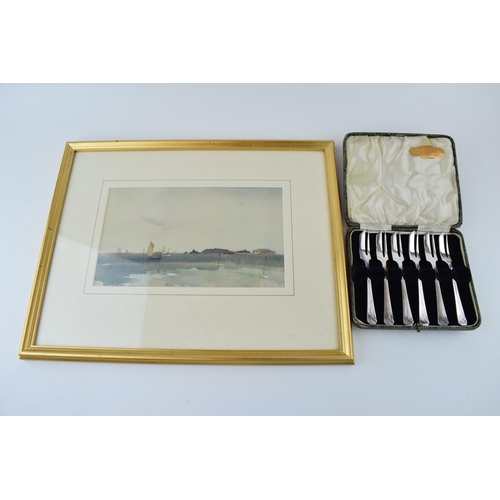 234 - A cased set of 6 silver plated cake forks by Dixon, with a Russell Flint print of a coastal scene (2... 