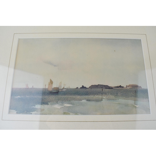 234 - A cased set of 6 silver plated cake forks by Dixon, with a Russell Flint print of a coastal scene (2... 