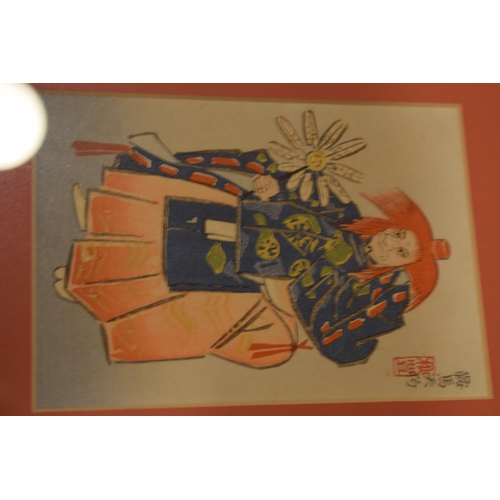 214 - Three framed oriental watercolour art works in red mounts and black lacquer frames. 21 x 26cm (3)