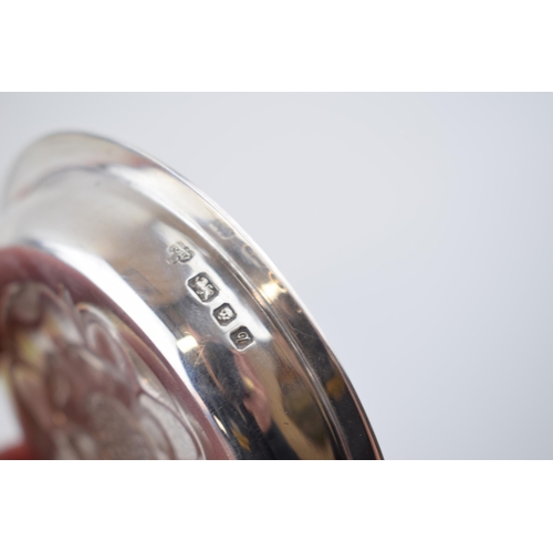 236 - Silver pin tray with repousse Tudor rose design to centre. Hallmarked London 1971. Diameter 9.5cm. 5... 