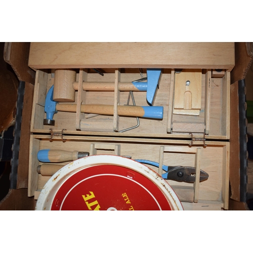 181 - A mixed collection of items to include a vintage childrens woodworking set together with three pub t... 