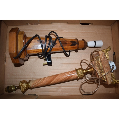 182 - Two vintage lamp bases to include a wooden example, and a marble and brass based example. Height 34c... 