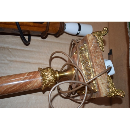 182 - Two vintage lamp bases to include a wooden example, and a marble and brass based example. Height 34c... 