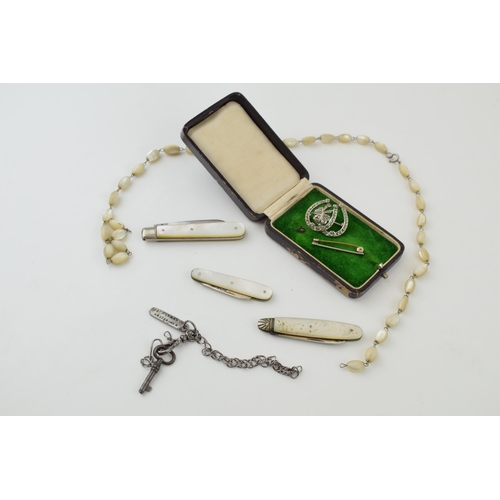 194 - Two silver fruit knives and a stainless steel fruit knife with mother of pearl handles. Two pieces o... 