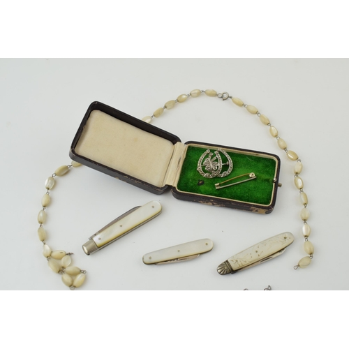 194 - Two silver fruit knives and a stainless steel fruit knife with mother of pearl handles. Two pieces o... 