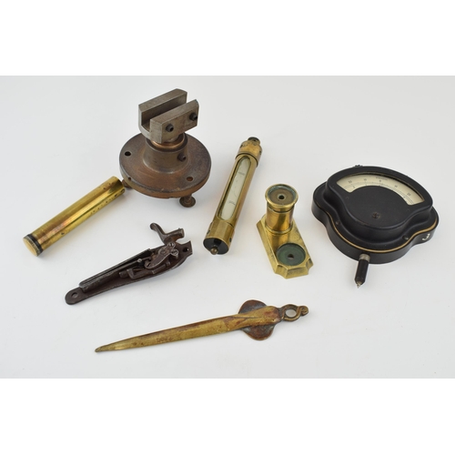 210 - A mixed collection of militara items to include various brass gauges, gun oiler, parts off a percuss... 