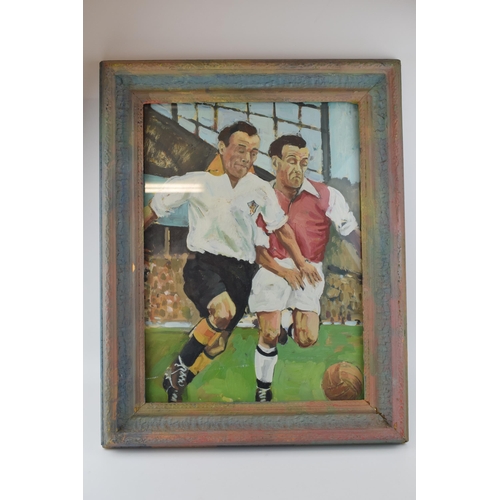222 - An original artwork of footballers, naive style in original period frame. 34cm x 47cm.