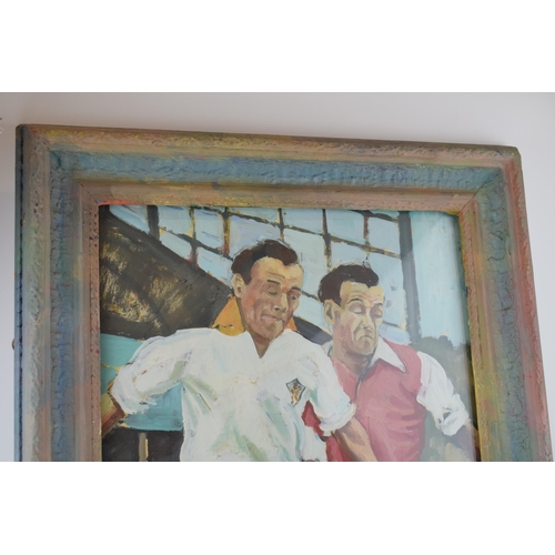 222 - An original artwork of footballers, naive style in original period frame. 34cm x 47cm.
