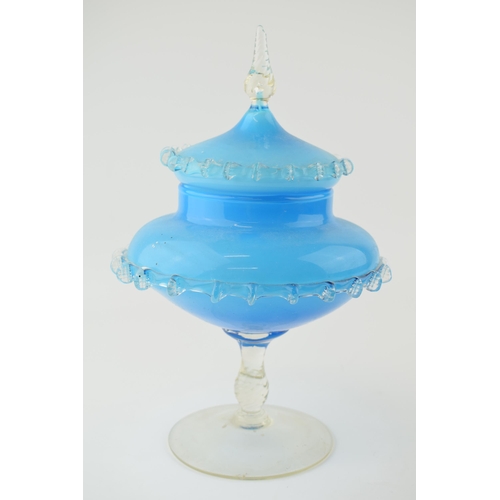 293 - Glass Bon Bon dish with twist to stem and handle, blue glass body with clear glass base. Height 32cm... 