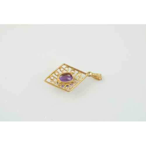 304 - 9ct gold diamond shaped pendant, set amethyst, 0.8 grams, 22mm.