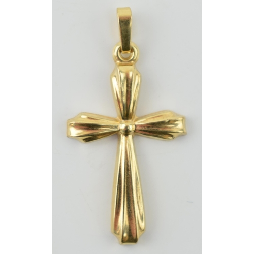 309 - 9ct gold cross pendant, 0.7 grams, untested but tests a 9ct, 32mm long.